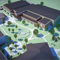 <p>Pictured is an artist&#x27;s rendition of the expanded athletic center at Convent of the Sacred Heart. The new athletic center is the brown colored structure at top. In the upper center is the current athletic center that will attach to the new building.</p>