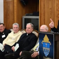 <p>Bishop Frank Caggiano speaks at the groundbreaking ceremony Friday for the expansion of the Catherine Dennis Keefe, Queen of the Clergy retired priests&#x27; residence. </p>