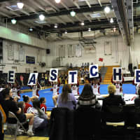 <p>Eastchester cheerleaders spell things out.</p>