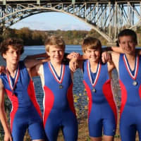 <p>Cross River&#x27;s Zach Johnston, far right, with teammates of Norwalk River Rowing Association after competing at the Head of the Schuylkill.</p>