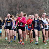 <p>Staples&#x27; Hannah DeBalsi, No. 22 in blue, runs with the leaders Saturday at the FootLocker Northeast Regional championships on Saturday in New York.</p>