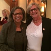 <p>Cheryl Scott-Daniels, left, Past Presdient talks with Peg Koellmer, 2015 President Elect.</p>