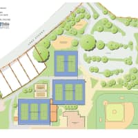 <p>The site plan shows two outdoor tennis courts, at top near Lake Street, and two sets of three indoor courts protected by inflatable bubbles.</p>
