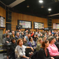 <p>A packed crowd at a Bedford Central school board meeting.</p>