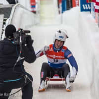 <p>Ridgefield&#x27;s Tucker West celebrates after a run in the luge during a race last week in Lake Placid, N.Y.</p>