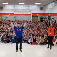 <p>Joe Panik spoke to an assembly at the schools.</p>