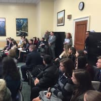 <p>Students take part in a discussion with Rep. Nita Lowey.</p>
