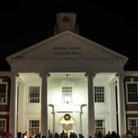 <p>Residents gathered at the Village Hall for the tree lighting ceremony.</p>