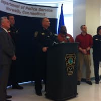 <p>Norwalk Police Chief Thomas Kulhawik and investigators in the murder case announce the arrest of Garcia at a press conference Friday.</p>