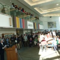 <p>People crowd the Government Center lobby to listen to officials announce Principals Donna Valentine and Roth Nordin will not be returning to Stamford High School after a scandal at the school involving a teacher and a student.</p>