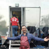 <p>Numi Salon owner Nuriel Abramov outside the trailer in Rye where &quot;Ricki and the Flash&quot; was shooting.</p>