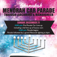 <p>A banner promoting the Larchmont &amp;  Mamaroneck menorah car parade.</p>