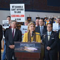<p>Yonkers Assemblywoman Shelley Mayer addressing a crowd about the Orange County casino proposal in October.</p>