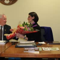 <p>Cristin McCarthy Vahey is honored at her last meeting as a Fairfield selectman. McCarthy Vahey will be starting as a state representative next year.</p>
