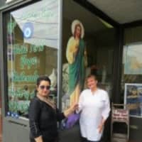 <p>Reed, left, outside her store at 242 Harrison Ave. in Harrison with a former assistant, Diane LaVita.</p>