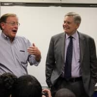<p>Stamford Mayor David Martin, right, laughs as Clif McFeely, the executive director of Future 5, talks during Martin&#x27;s visit this week to the Stamford non-profit.</p>