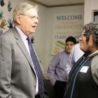<p>Stamford Mayor David Martin talks with a guest during his visit to Future  5.</p>
