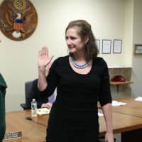 <p>Sheila Mamion (right) is sworn in by Fairfield&#x27;s Town Clerk at the Thursday, Jan. 8, Board of Selectmen meeting.</p>