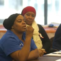 <p>Residents discuss fighting racism at the Yonkers Riverfront Library.</p>