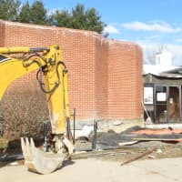 <p>What the main entrance to Harrison Public Library looked like today as a $3 million renovation project progressed inside.</p>