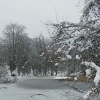 <p>A lake at Fairfield University is covered with snow and ice. </p>