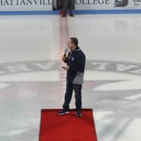 <p>Westchester County Executive Rob Astorino addressing the crowd before dropping the puck.</p>