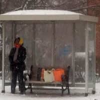 <p>A woman waits at a bus stop on Main Street in Danbury late Monday afternoon as snow falls. </p>