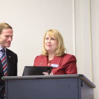 <p>Deb Greenwood presents Sen. Blumenthal with his award at the public policy breakfast.</p>