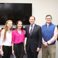 <p>U.S. Sen. Richard Bluementhal with students from St. Josephs High School in Trumbull. Pictured from left; Alexandra Quatrella of Trumbull; Jaqueline Marconi of Monroel; Konrad Piszczatowski of Stratford; and Andrew Walsh of Fairfield.</p>