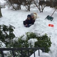 <p>Chris Ann Sepkowski, of Mamaroneck, with her son, Jake building a fort.</p>