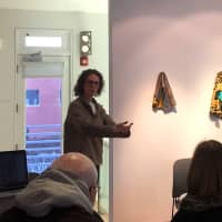 <p>Leslie Wayne discusses her technique used to create pieces hanging in a new exhibit at Franklin Street Works in Stamford.</p>