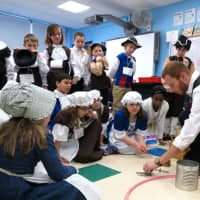 <p>Croton-Harmon fourth graders played a number of games, including jump rope, marbles, Jacobs Ladder and a challenging task that included fitting as many nails as possible onto a piece of wood, during Colonial Day. </p>