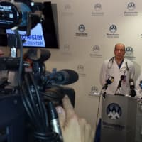 <p>Westchester Medical Center officials, from left, Dr. Ivan Miller, Dr. Joseph Turkowski and nurse Patricia Wrobbel, address the media Wednesday.</p>