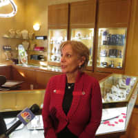 <p>Virginia Shasha, a co-worker of Ellen Brody, talks to reporters at ICD Contemporary Jewelry in Chappaqua.</p>