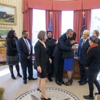 <p>President Barack Obama meets with citizens who wrote letters to him about how their lives were improved thanks to the Affordable Care Act. </p>