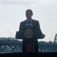 <p>President Barack Obama speaking in front of the Tappan Zee Bridge in Tarrytown.</p>
