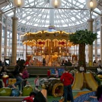 <p>The large play area and carousel are packed during Saturday&#x27;s snow.</p>