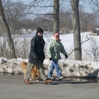 <p>A group of walkers brave the chill at Greenwich Point Park.</p>
