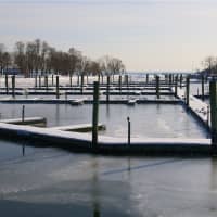 <p>The water is icy near the docks at Cove Island Park in Stamford. </p>