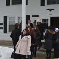 <p>Attendees leave Mount Kisco&#x27;s Cassidy-Flynn Funeral Home after the service for train-crash victim Robert Dirks.</p>