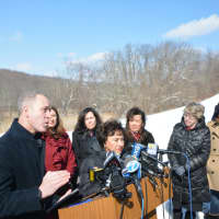 <p>Rep. Sean Patrick Maloney speaks at a train-crossing safety press conference in Chappaqua.</p>