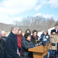 <p>Rep. Nita Lowey speaks at a train-crossing safety press conference in Chappaqua.</p>