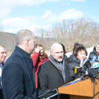 <p>New Castle Supervisor Rob Greenstein speaks at a train-crossing safety press conference in Chappaqua.</p>