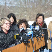 <p>Chappaqua Schools Superintendent Lyn McKay speaks at a train-crossing safety press conference in Chappaqua. She said that hundreds of students cross the track each day.</p>