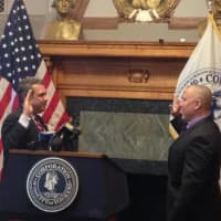 <p>John Darcy being sworn in as the fire commissioner for the City of Yonkers.</p>