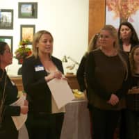 <p>Tree Conservancy President Sabina Harris, left, and Nature Center Executive Director Elizabeth Hearle address the crowd.</p>