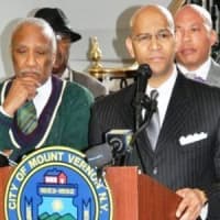 <p>Mount Vernon Mayor Ernest Davis announcing the gun buyback with Westchester County Crime Stoppers Chair Derickson Lawrence.</p>