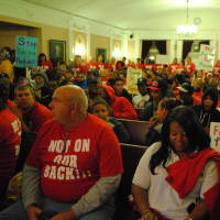 <p>Protesters line the Peekskill Common Council chamber to oppose the proposed budget. </p>