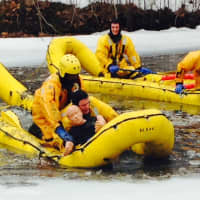 <p>Ice rescue training for Yonkers firefighters at Tibbetts Brook Park.</p>