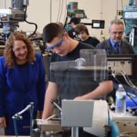 <p>U.S. Rep. Elizabeth Esty and Deputy Labor Secretary Chris Lu visit the manufacturing lab at Abbott Tech High School in Danbury.</p>